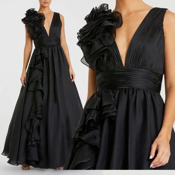 NEW Mac Duggal Size 6 Black Ruffle V-Neck Chiffon Ballgown Long Gown Maxi Dress - Picture 1 of 4